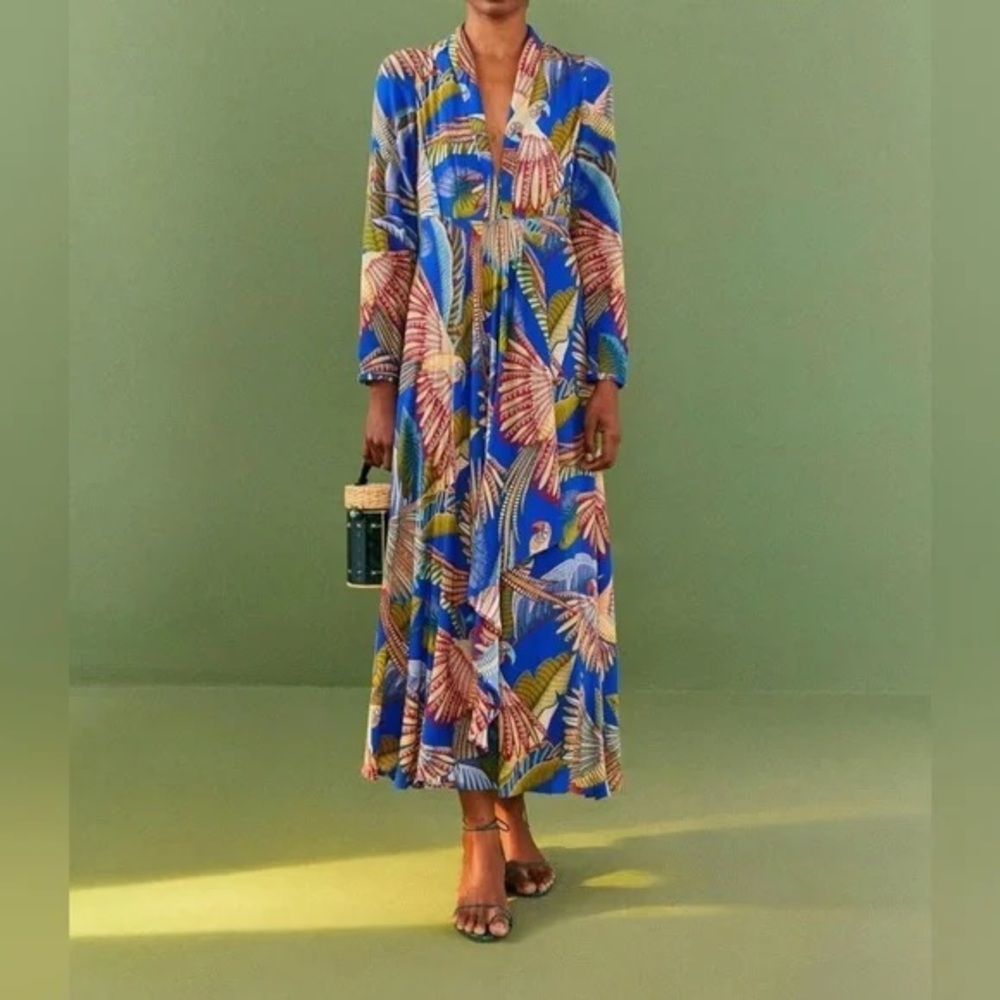 Farm Rio Macaw Flight Maxi Dress Blue Medium Birds Long Sleeve